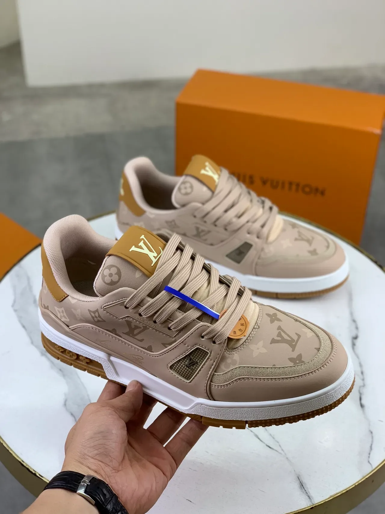 Louis Vuitton LV Trainer Beige White Monogram Canvas Upper Geometric Side Panel Lifestyle Sneakers 4