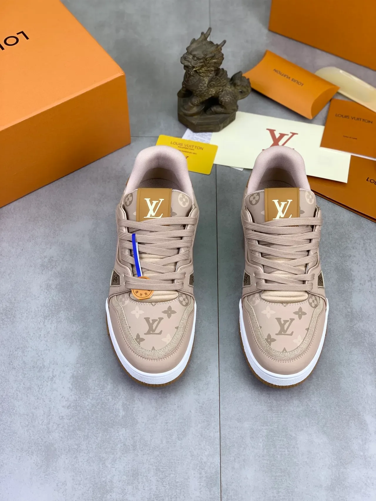 Louis Vuitton LV Trainer Beige White Monogram Canvas Upper Geometric Side Panel Lifestyle Sneakers 5