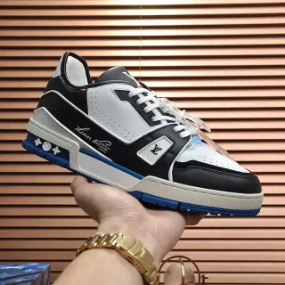 Louis Vuitton LV Trainer Black Blue Layered Leather And Synthetic Upper Cursive Signature Branding Lifestyle Sneakers