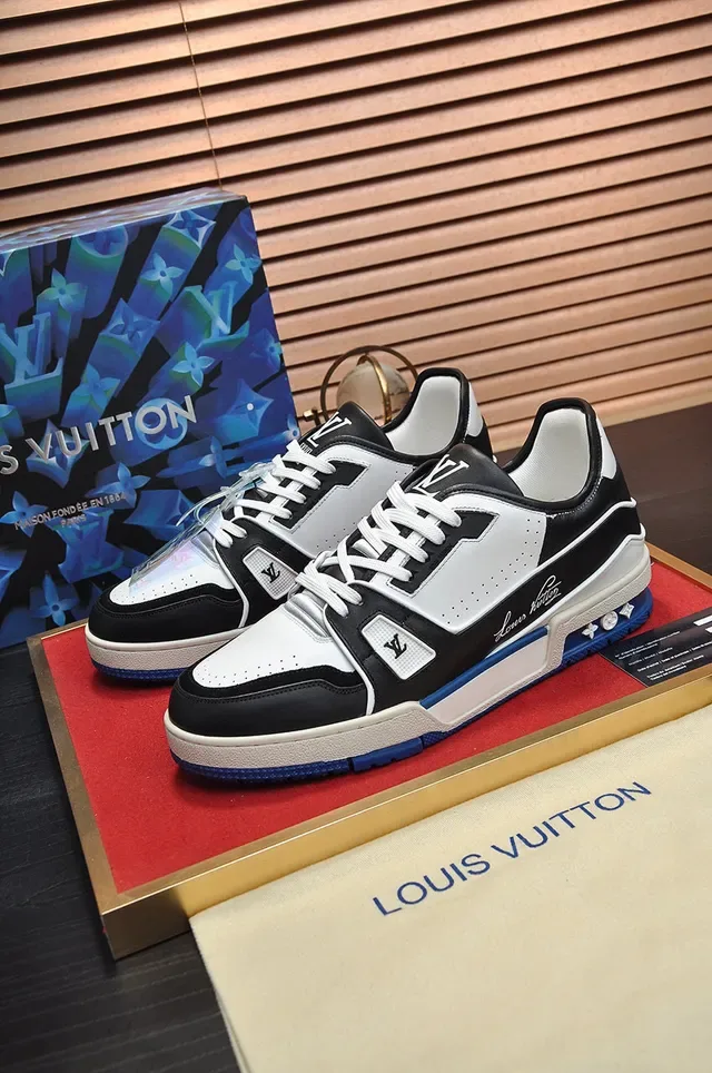 Louis Vuitton LV Trainer Black Blue Layered Leather And Synthetic Upper Cursive Signature Branding Lifestyle Sneakers 7