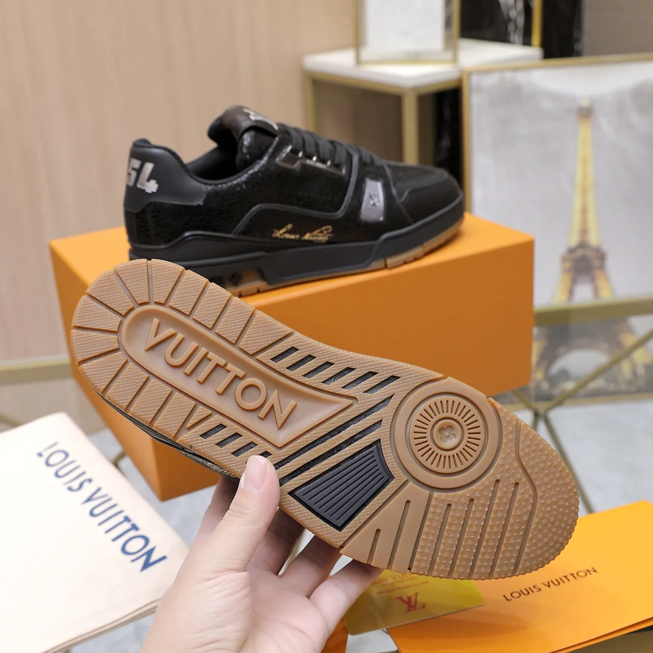 Louis Vuitton LV Trainer Black Brown Textured Cracked Leather Upper Metallic Plaque Hardware Lifestyle Sneakers 2