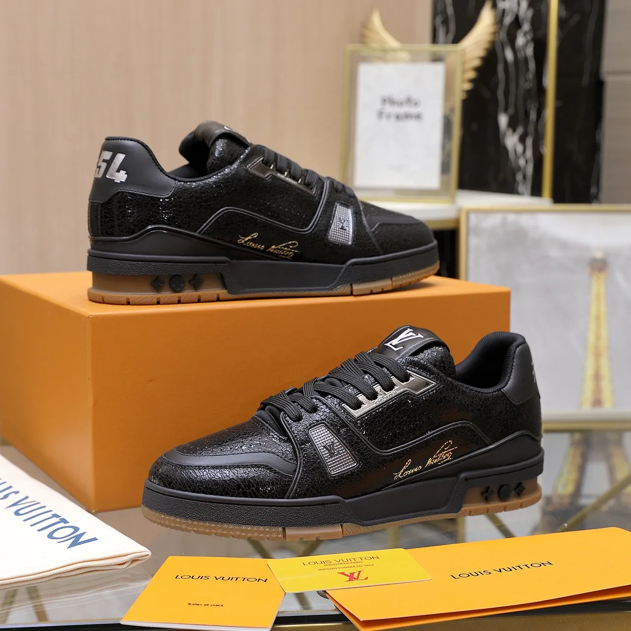 Louis Vuitton LV Trainer Black Brown Textured Cracked Leather Upper Metallic Plaque Hardware Lifestyle Sneakers 4