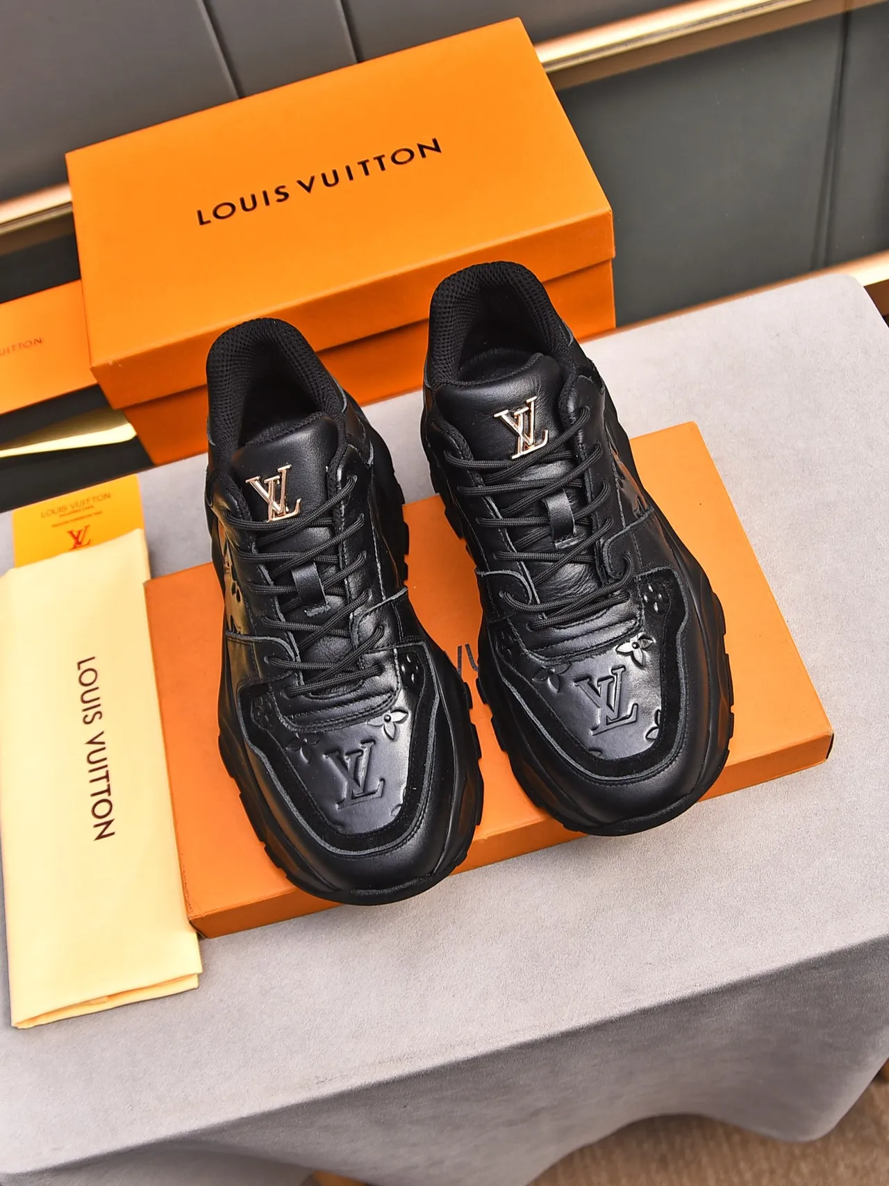 Louis Vuitton LV Trainer Black Embossed Monogram Leather Sculpted Sole Chunky Sneakers 3