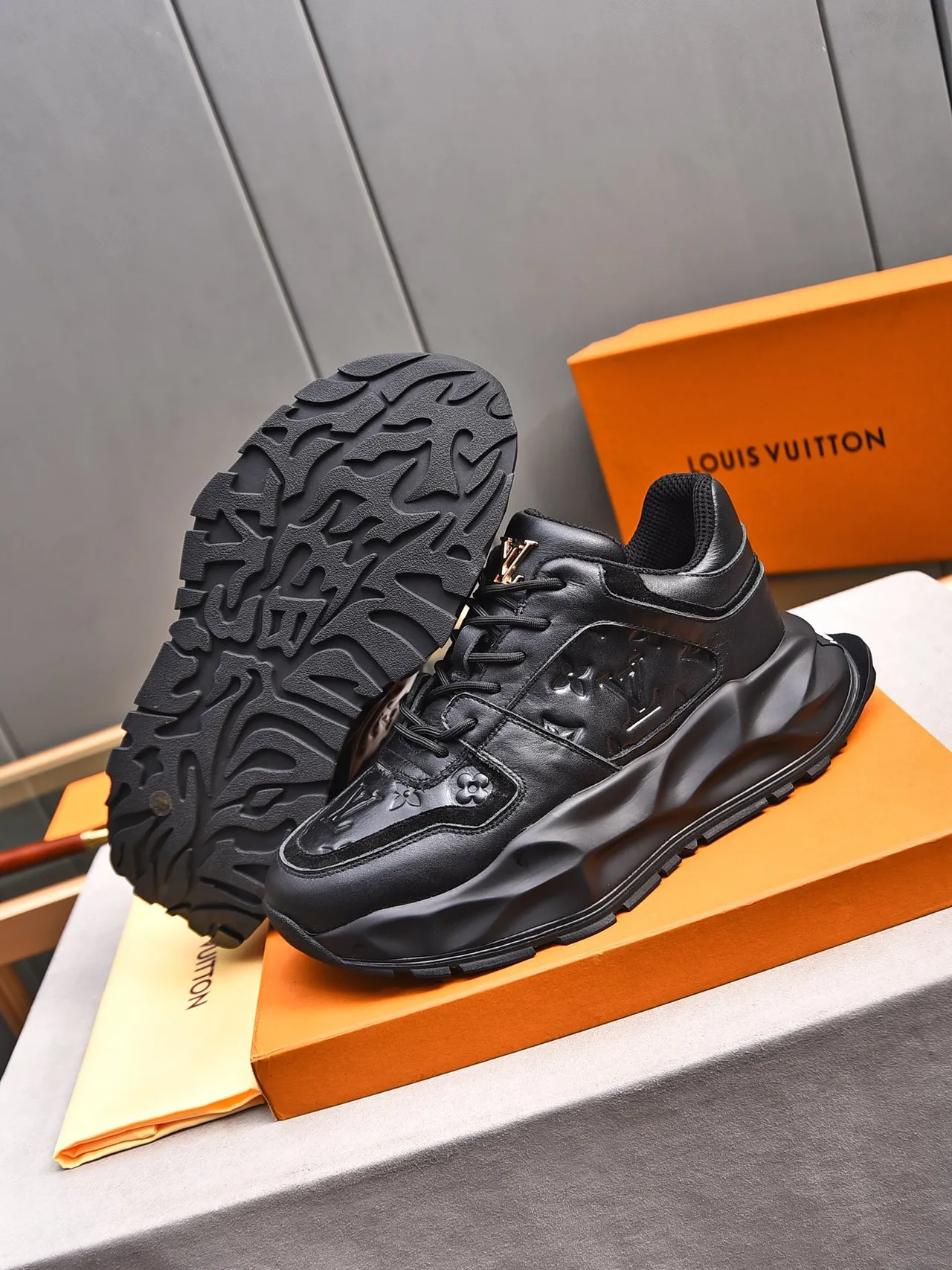 Louis Vuitton LV Trainer Black Embossed Monogram Leather Sculpted Sole Chunky Sneakers 4