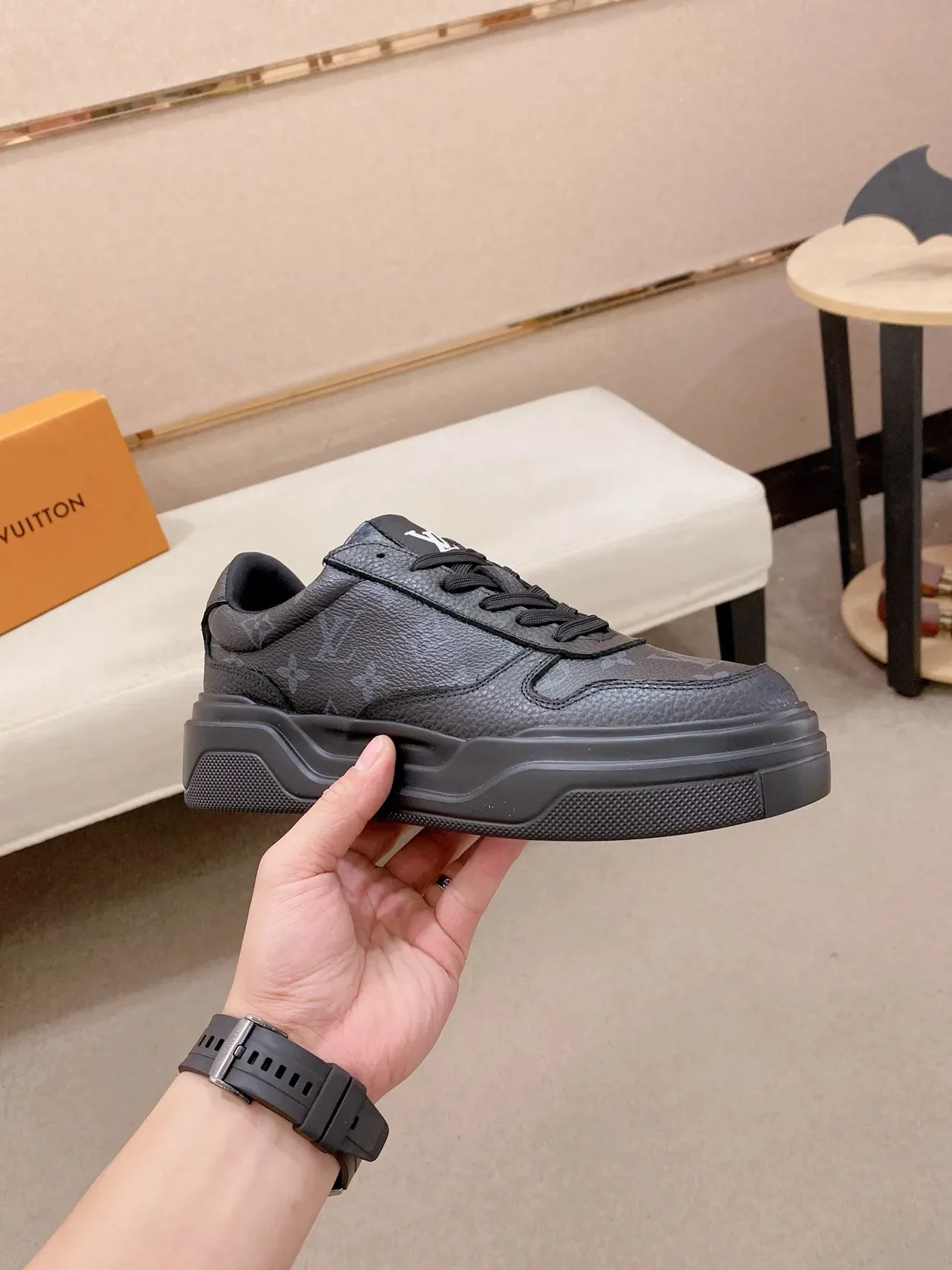 Louis Vuitton LV Trainer Black Monogram Leather Upper Sculpted Chunky Sole Lifestyle Sneakers 5