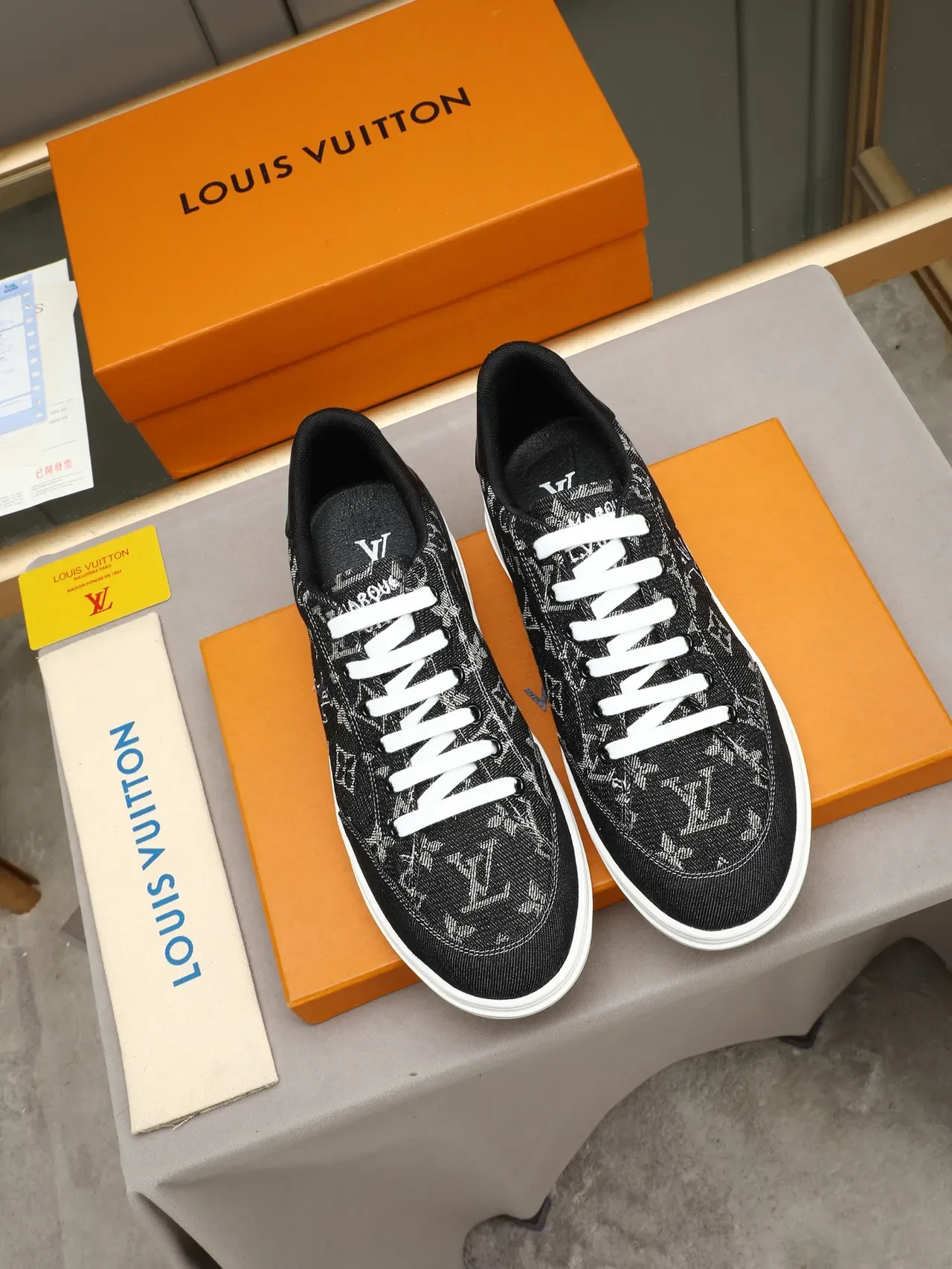 Louis Vuitton LV Trainer Black White Monogrammed Textile Upper Contrast Sole Lifestyle Sneakers 3