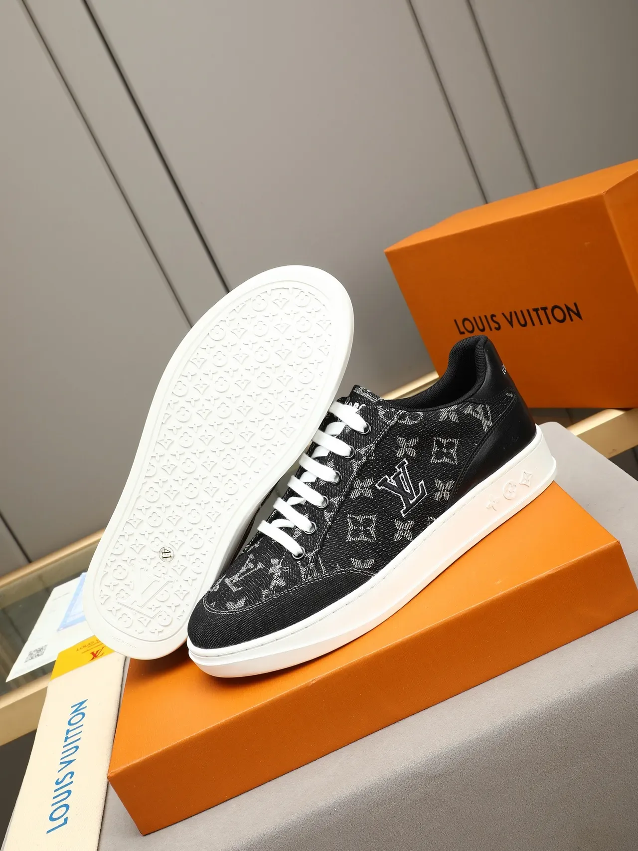 Louis Vuitton LV Trainer Black White Monogrammed Textile Upper Contrast Sole Lifestyle Sneakers 4