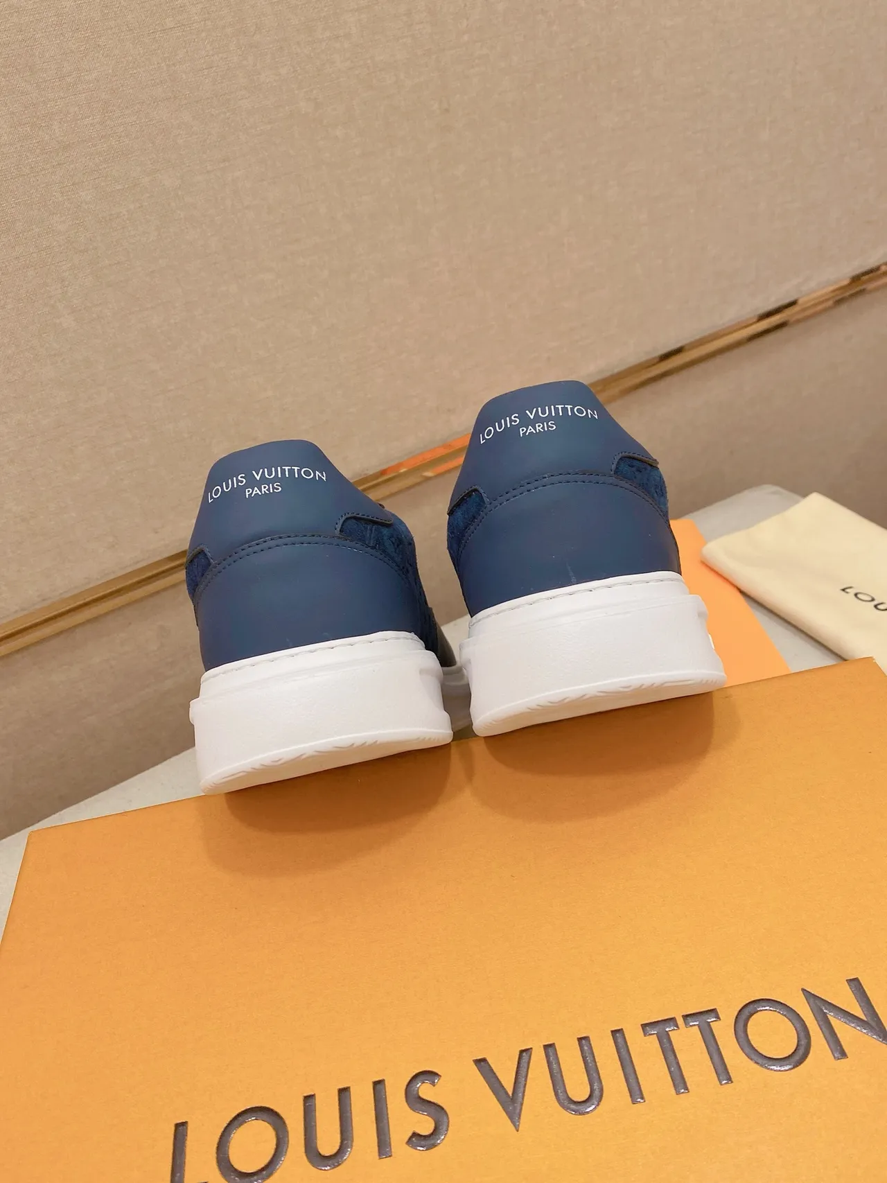 Louis Vuitton LV Trainer Blue White Monogrammed Suede And Leather Upper Cursive Logo Patch Lifestyle Sneakers 3