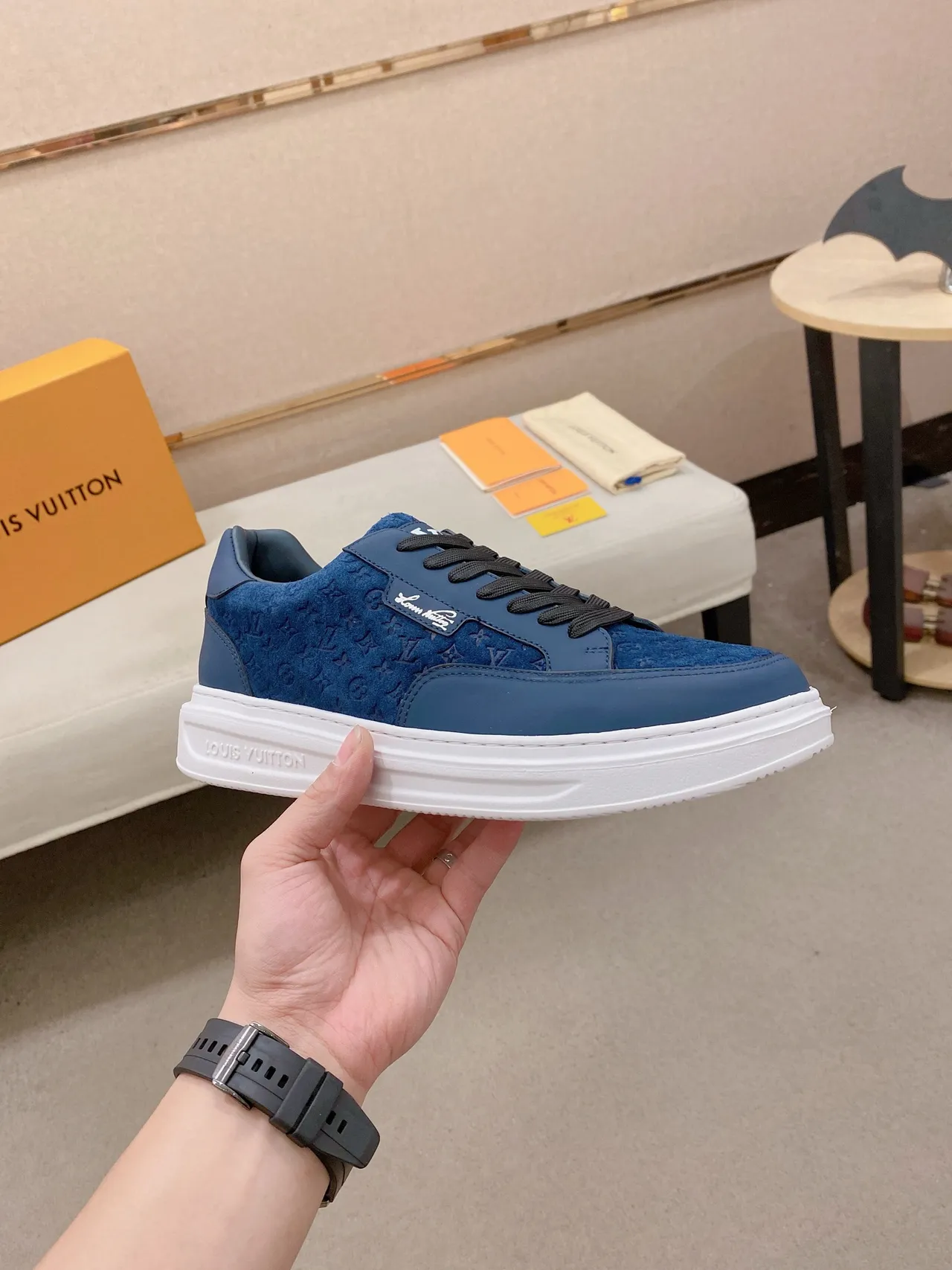 Louis Vuitton LV Trainer Blue White Monogrammed Suede And Leather Upper Cursive Logo Patch Lifestyle Sneakers 5