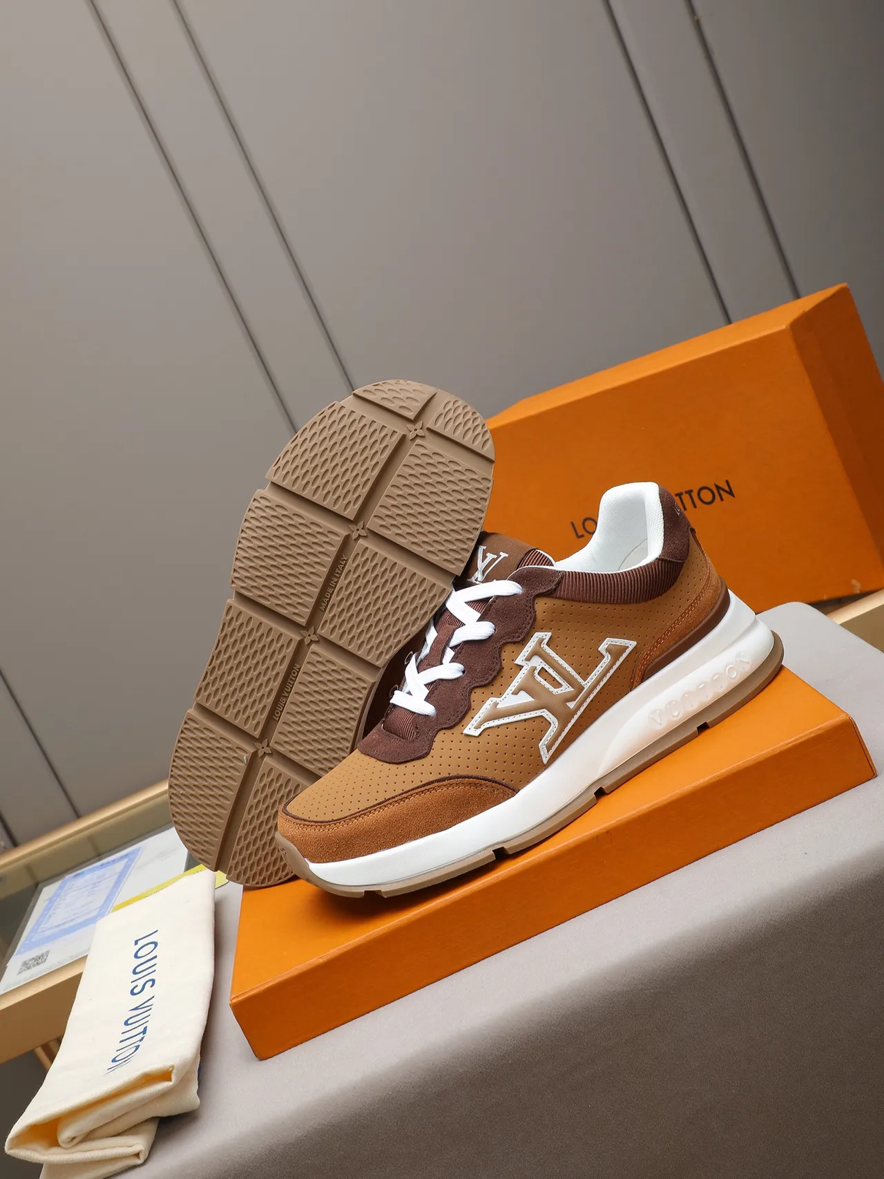 Louis Vuitton LV Trainer Brown Beige Perforated Tan Suede Overlays Lifestyle Sneakers 4