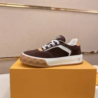 Louis Vuitton LV Trainer Marrón Beige Ante y Cuero Construcción de Panel Contraste Blanco Mediasuela Zapatillas Lifestyle