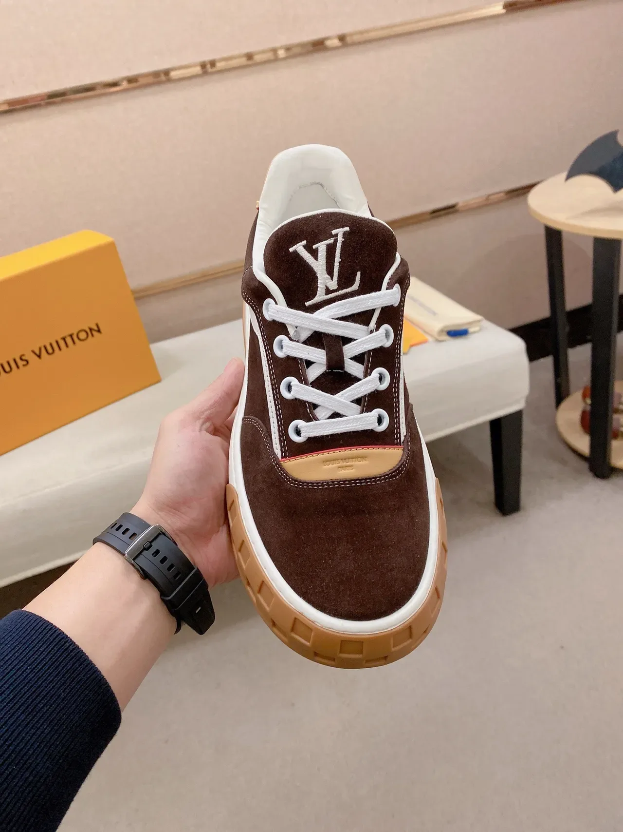 Louis Vuitton LV Trainer Brown Beige Suede And Leather Panel Construction Contrast White Midsole Lifestyle Sneakers 2