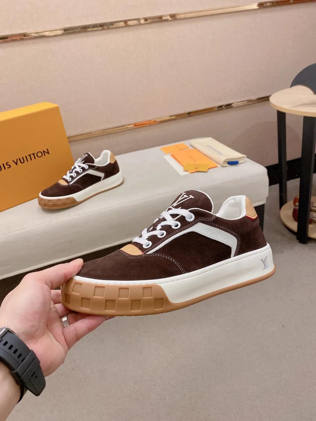 Louis Vuitton LV Trainer Brown Beige Suede And Leather Panel Construction Contrast White Midsole Lifestyle Sneakers 3