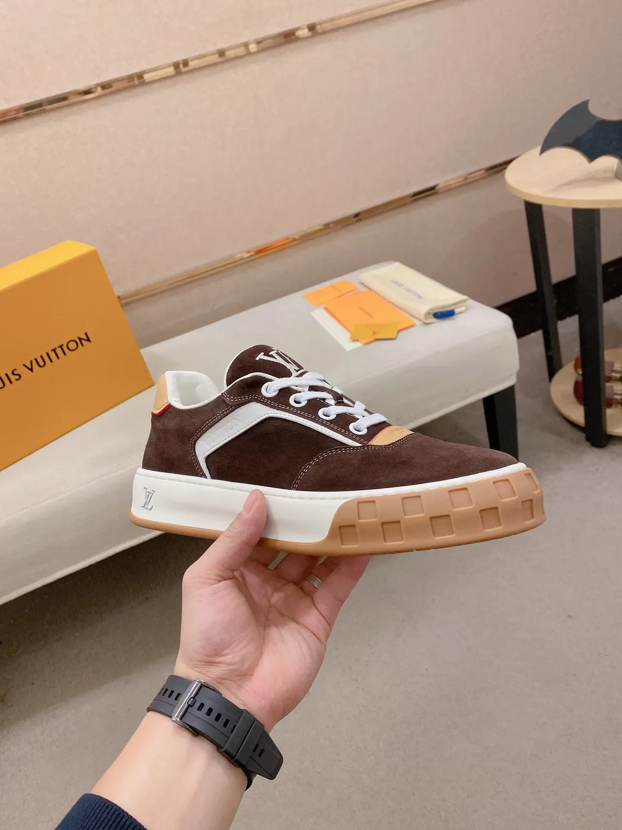 Louis Vuitton LV Trainer Brown Beige Suede And Leather Panel Construction Contrast White Midsole Lifestyle Sneakers 4