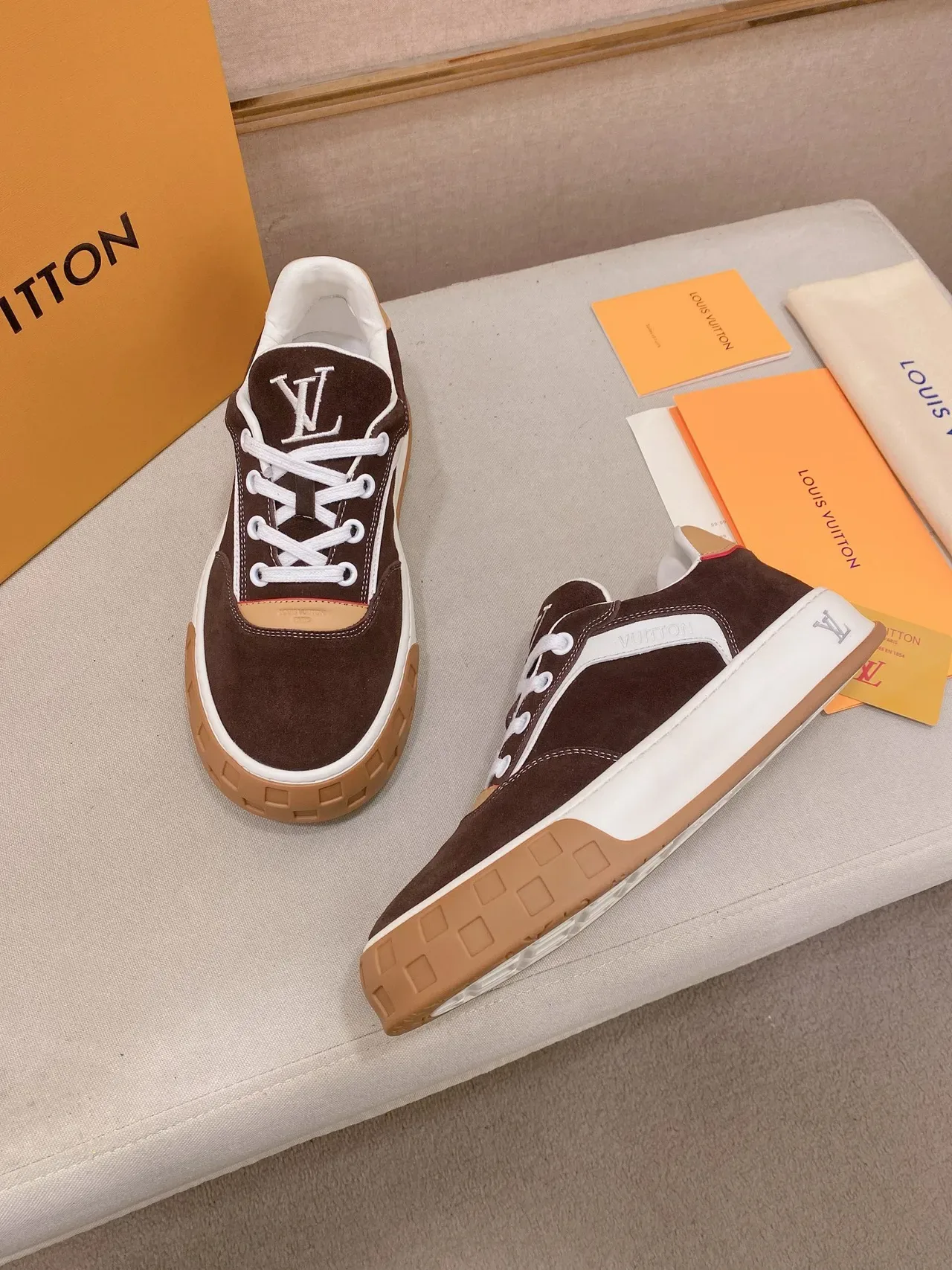 Louis Vuitton LV Trainer Brown Beige Suede And Leather Panel Construction Contrast White Midsole Lifestyle Sneakers 7