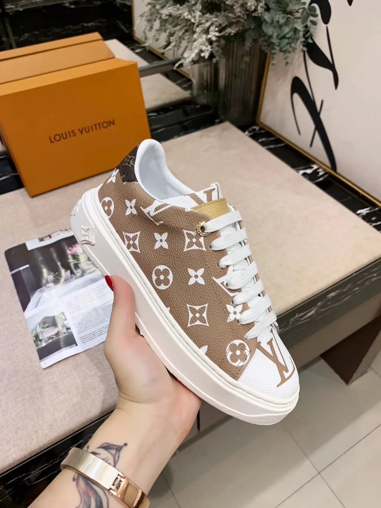 Louis Vuitton LV Trainer Brown Monogram White Platform Lifestyle Sneakers 2