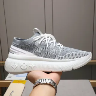 Louis Vuitton LV Trainer Gray White Knit Upper Embossed Monogram Sole Lifestyle Sneakers