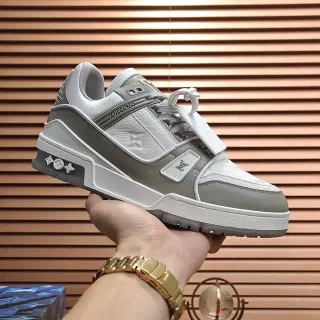 Louis Vuitton LV Trainer Gris Blanco Construcción Geométrica con Capas Zapatillas Lifestyle