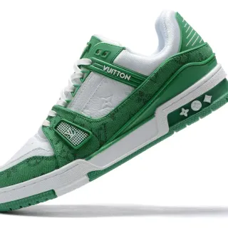 Louis Vuitton LV Trainer Verde Blanco En Capas Jacquard Y Cuero Superior Moldeado Correa De Jaula Estilo De Vida Zapatillas