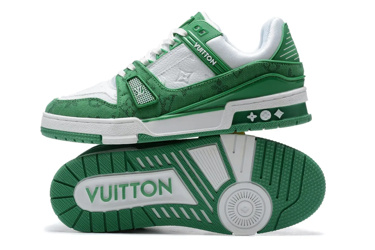 Louis Vuitton LV Trainer Green White Layered Jacquard And Leather Upper Molded Cage Strap Lifestyle Sneakers 2