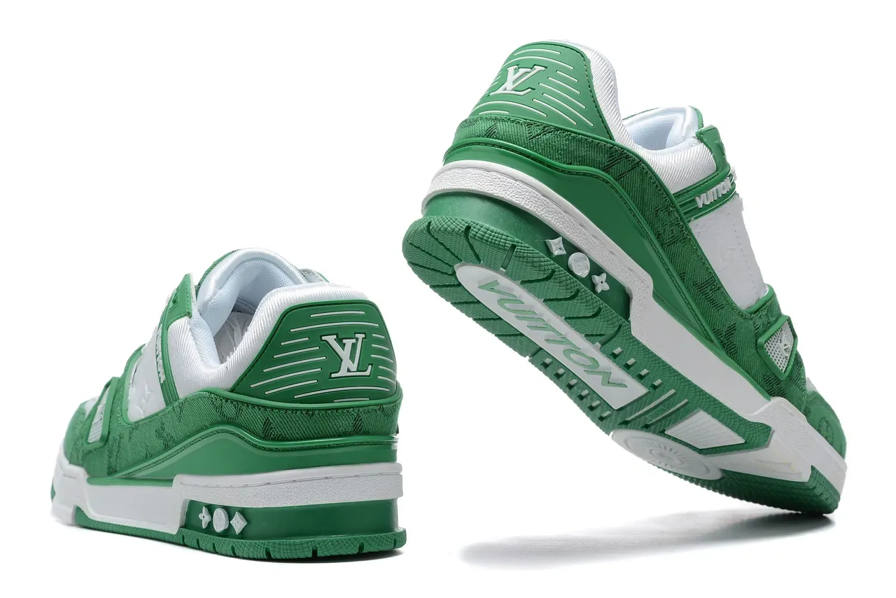 Louis Vuitton LV Trainer Green White Layered Jacquard And Leather Upper Molded Cage Strap Lifestyle Sneakers 3