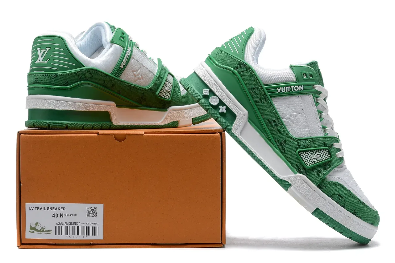 Louis Vuitton LV Trainer Green White Layered Jacquard And Leather Upper Molded Cage Strap Lifestyle Sneakers 9