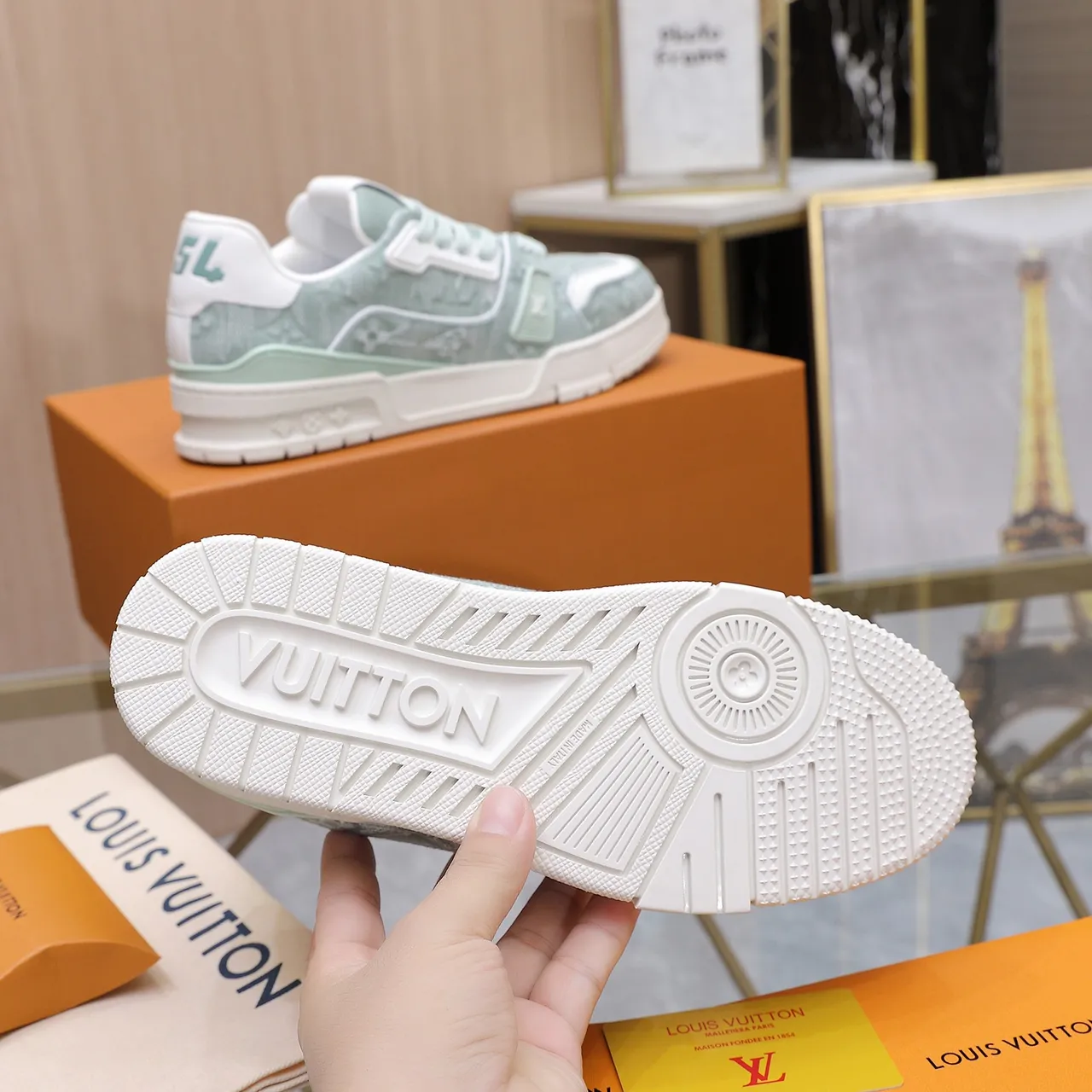 Louis Vuitton LV Trainer Green White Monogram Jacquard Upper Plastic Cage Overlay Lifestyle Sneakers 5