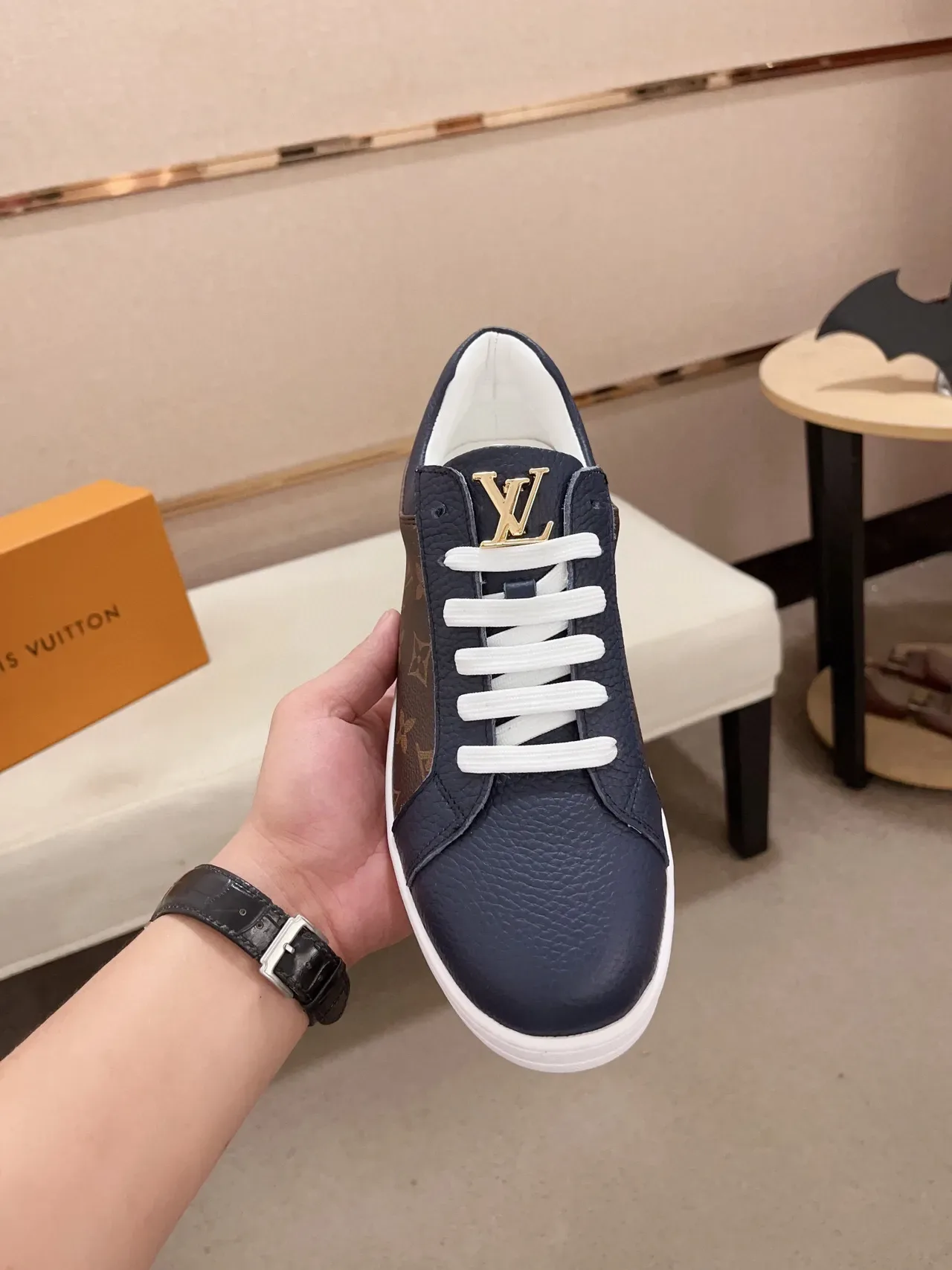 Louis Vuitton LV Trainer Navy Brown Monogram Canvas Smooth Leather Panels Lifestyle Sneakers 2