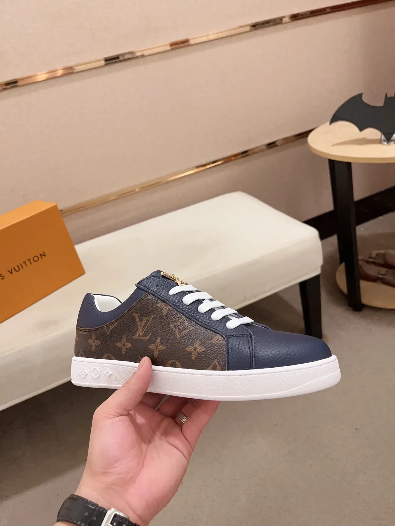 Louis Vuitton LV Trainer Navy Brown Monogram Canvas Smooth Leather Panels Lifestyle Sneakers 4