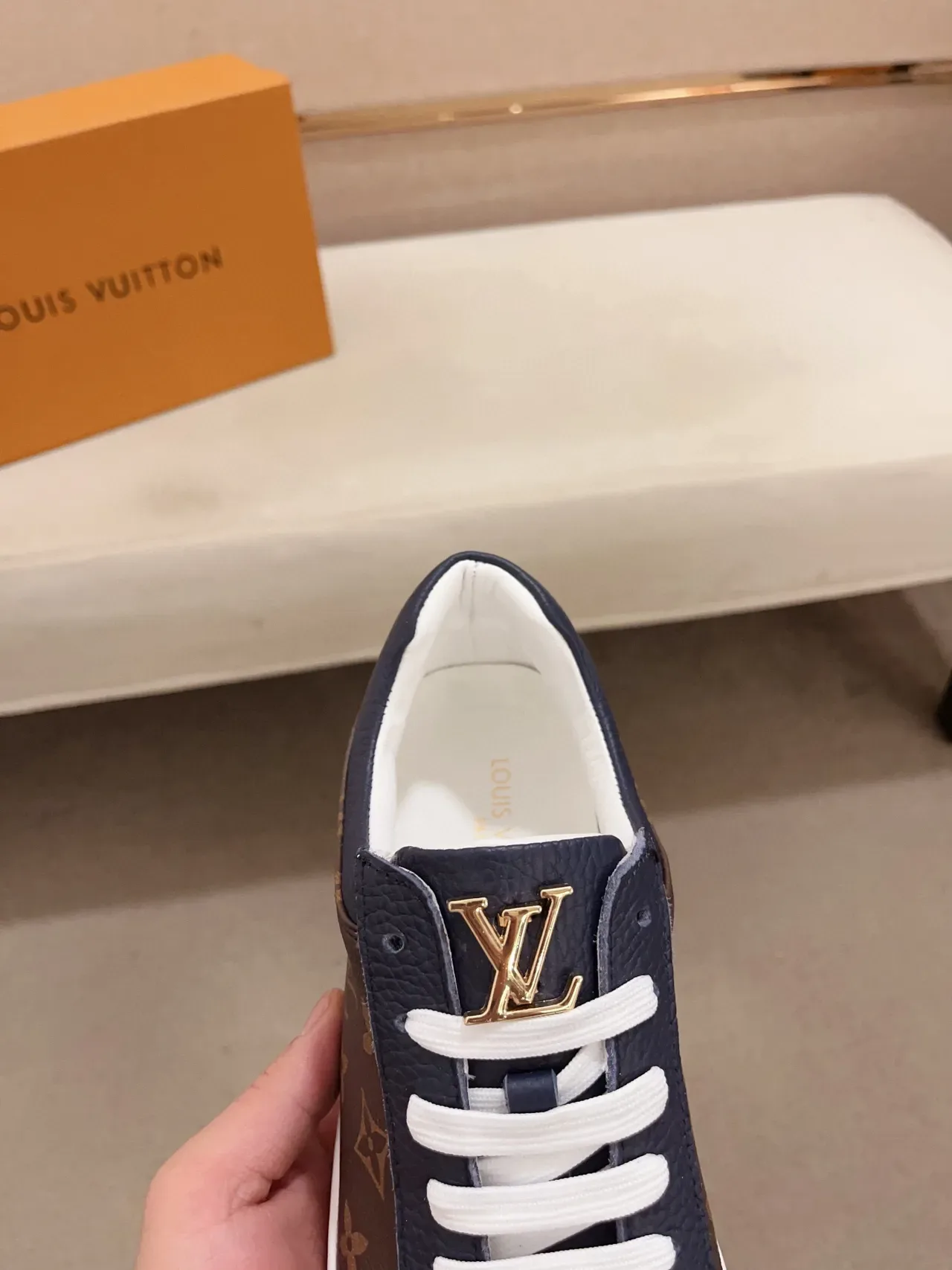 Louis Vuitton LV Trainer Navy Brown Monogram Canvas Smooth Leather Panels Lifestyle Sneakers 6