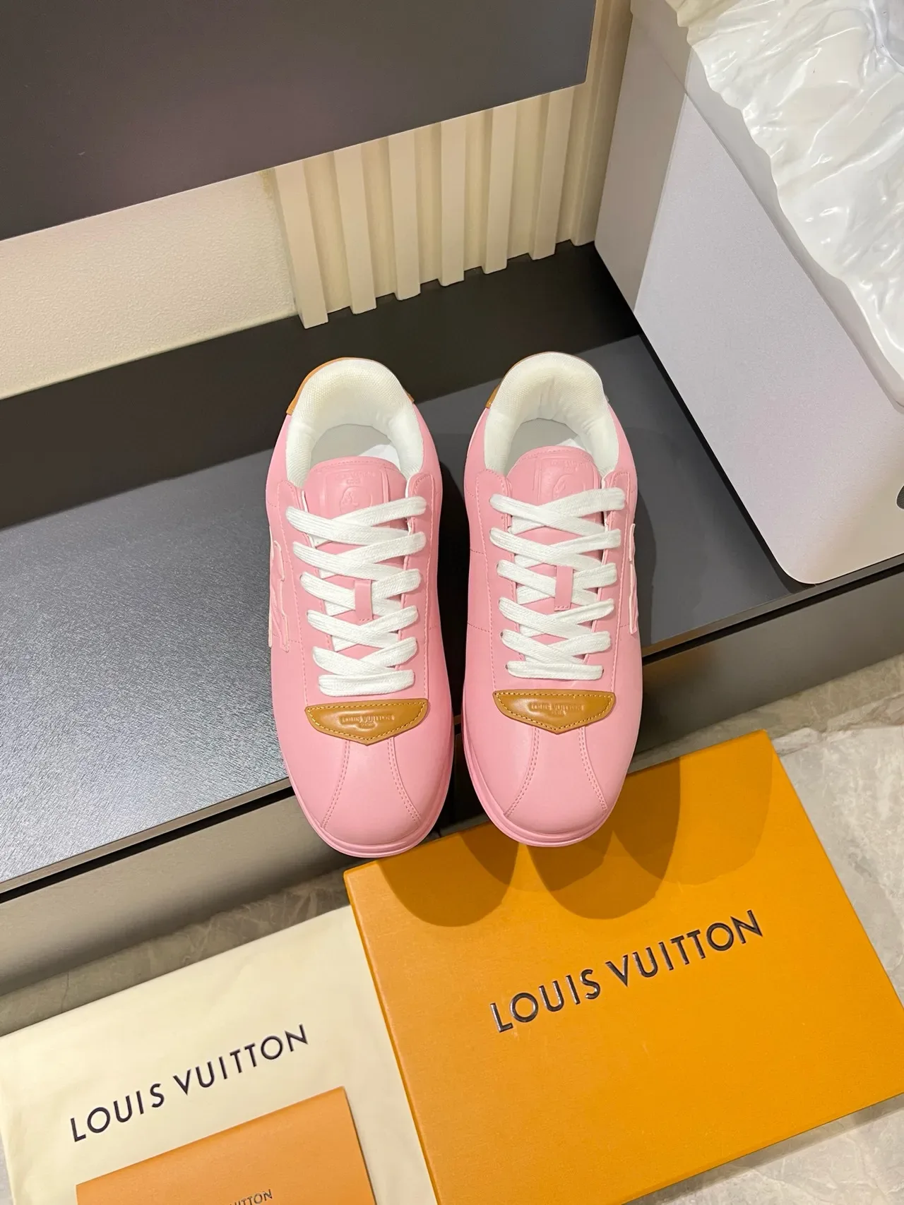 Louis Vuitton LV Trainer Pink Beige Embossed Monogram Platform Sole Lifestyle Sneakers 2