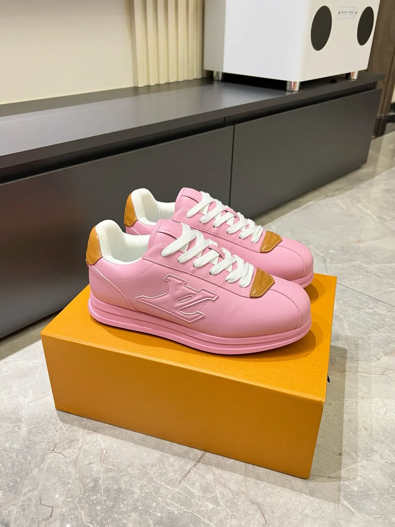 Louis Vuitton LV Trainer Pink Beige Embossed Monogram Platform Sole Lifestyle Sneakers 3