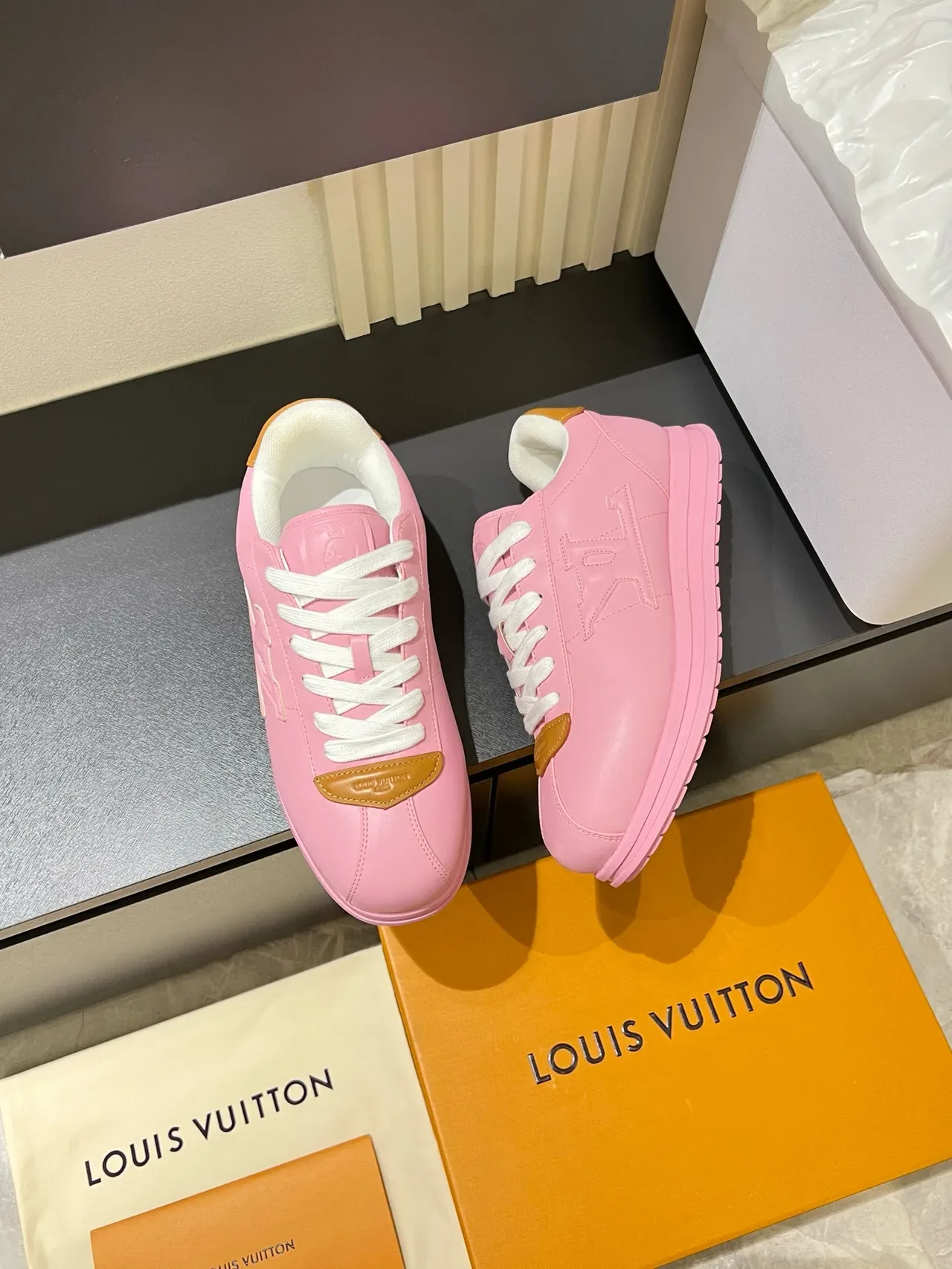 Louis Vuitton LV Trainer Pink Beige Embossed Monogram Platform Sole Lifestyle Sneakers 4