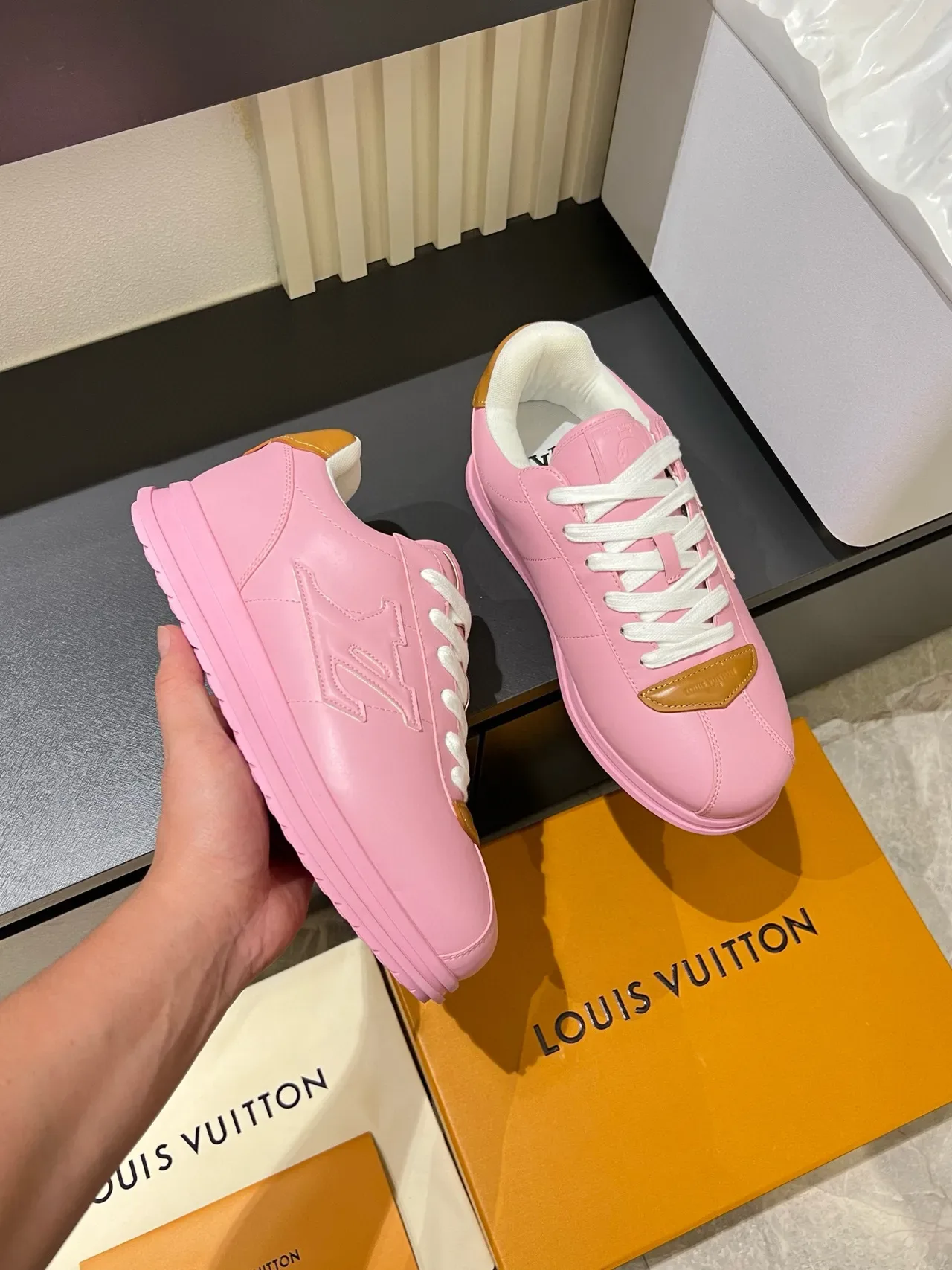 Louis Vuitton LV Trainer Pink Beige Embossed Monogram Platform Sole Lifestyle Sneakers 6
