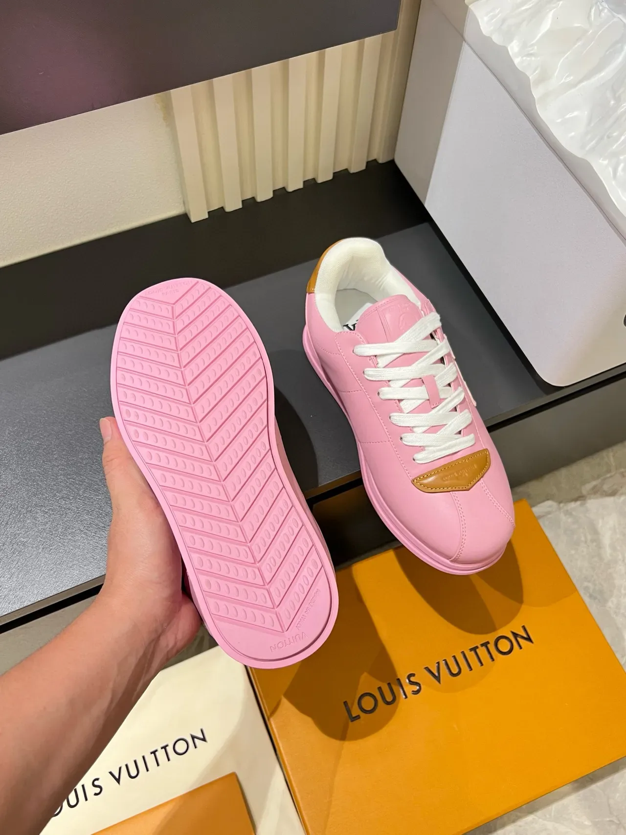 Louis Vuitton LV Trainer Pink Beige Embossed Monogram Platform Sole Lifestyle Sneakers 7