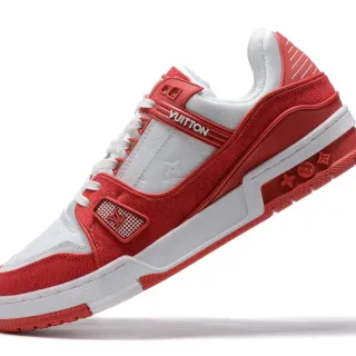 Louis Vuitton LV Trainer Tênis Lifestyle Vermelho e Branco com Parte Superior Layered de Textil e Couro