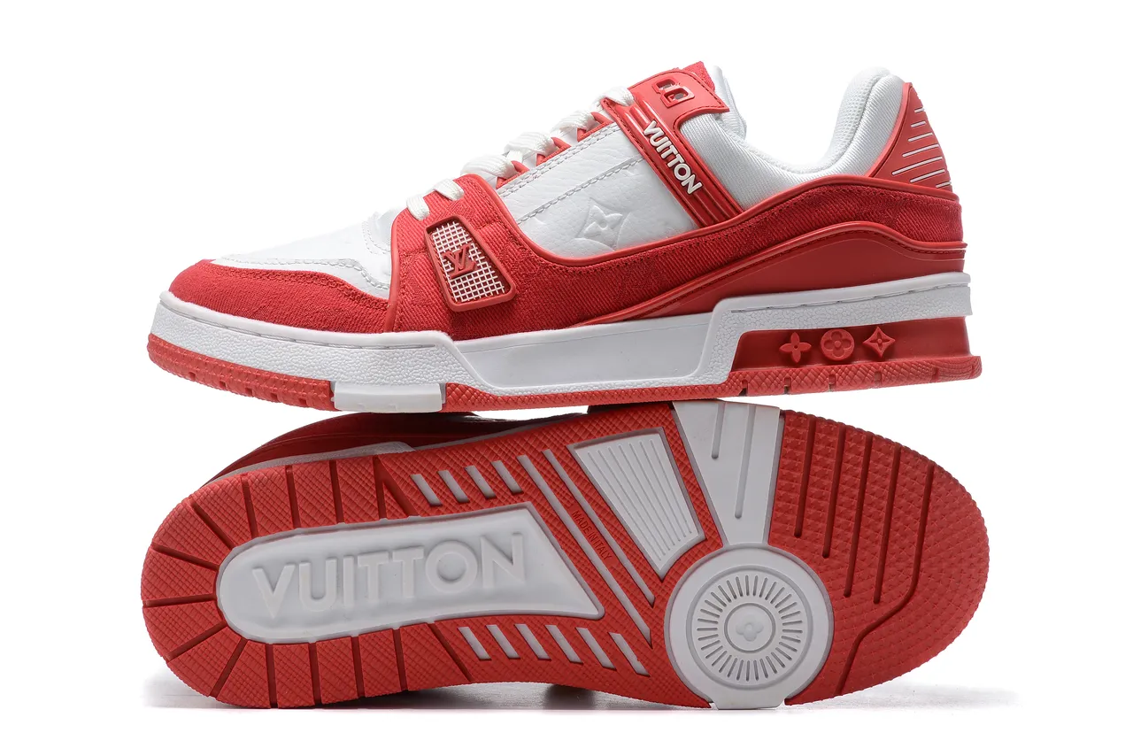 Louis Vuitton LV Trainer Red White Layered Textile And Leather Upper Lifestyle Sneakers 2