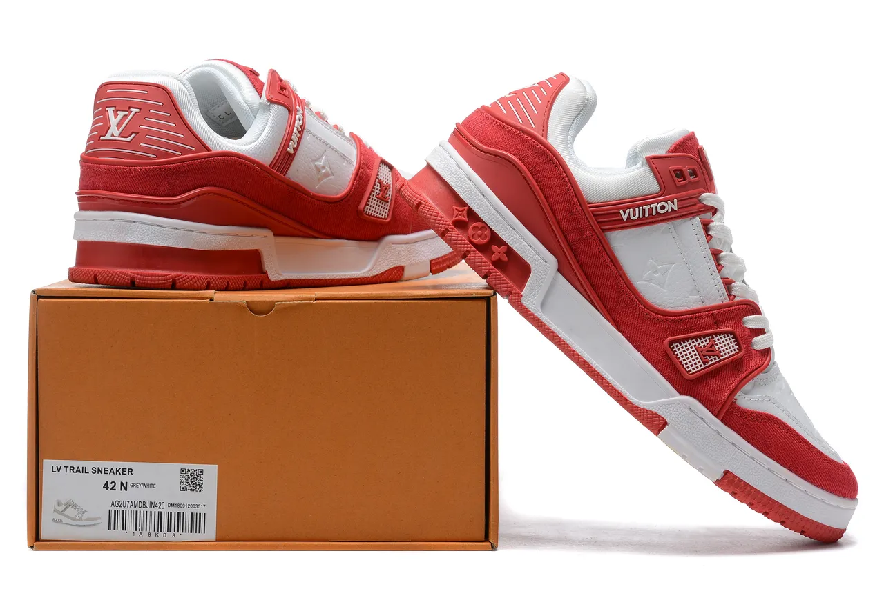 Louis Vuitton LV Trainer Red White Layered Textile And Leather Upper Lifestyle Sneakers 9