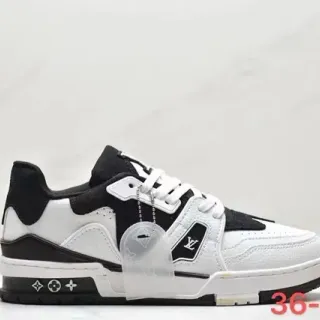 Louis Vuitton LV Trainer Branco Preto Couro em Camadas e Sintético Parte superior Marca Assimétrica Lateral Tênis Lifestyle