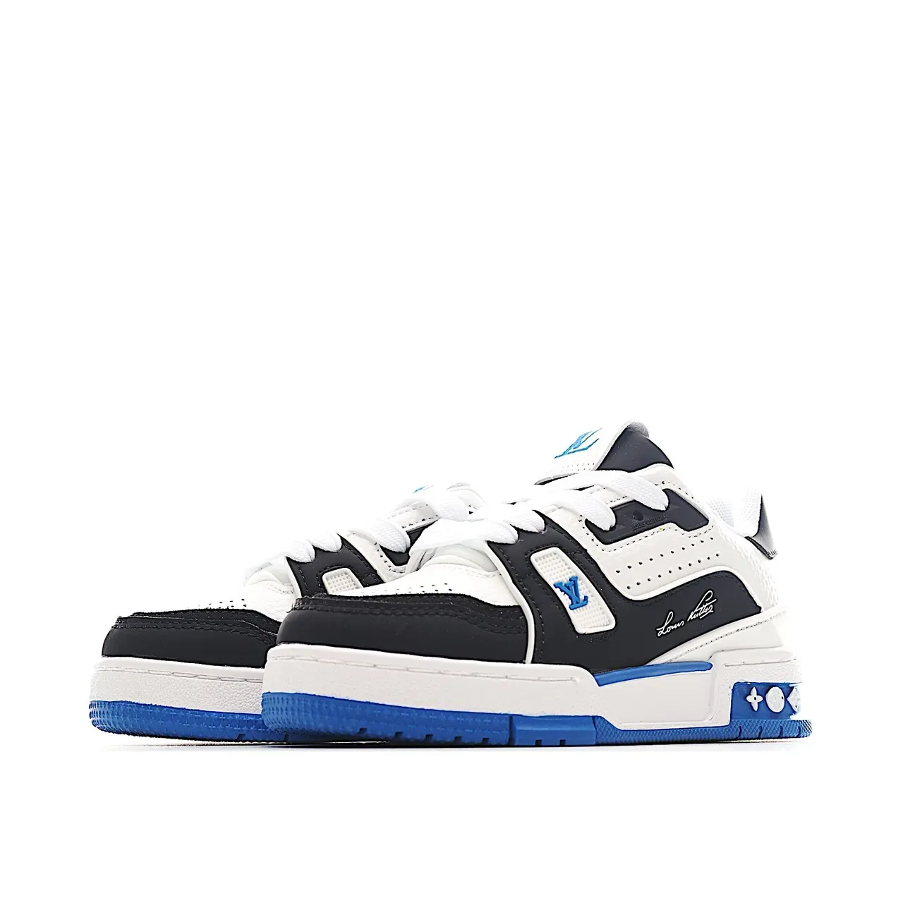 Louis Vuitton LV Trainer White Blue Layered Synthetic Overlays Perforated Toebox Lifestyle Sneakers 21