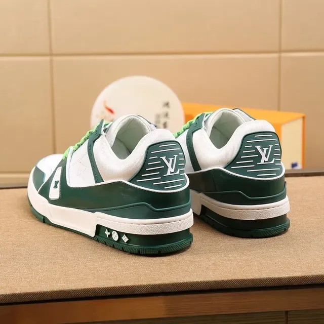 Louis Vuitton LV Trainer White Green Layered Leather Construction Monogram-Stamped Panels Lifestyle Sneakers 2