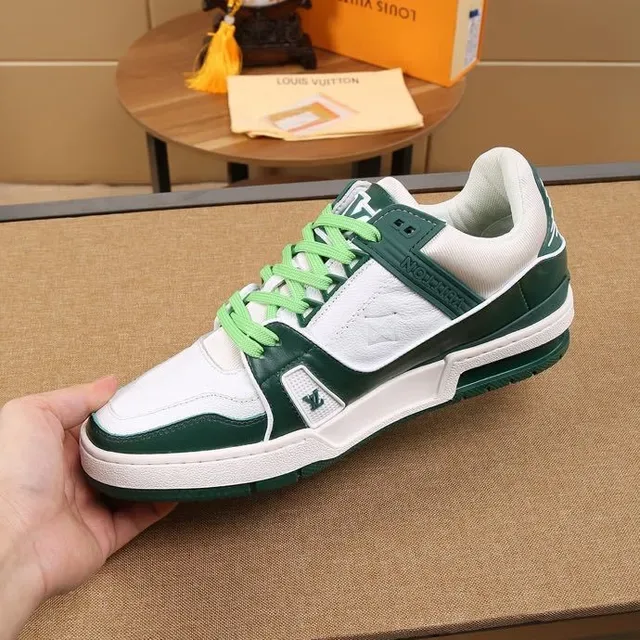 Louis Vuitton LV Trainer White Green Layered Leather Construction Monogram-Stamped Panels Lifestyle Sneakers 3