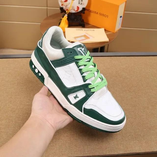 Louis Vuitton LV Trainer White Green Layered Leather Construction Monogram-Stamped Panels Lifestyle Sneakers 4