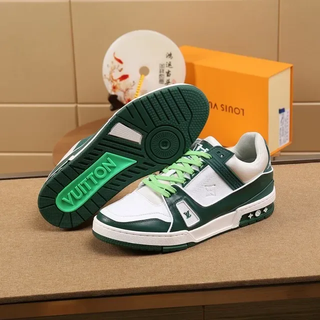 Louis Vuitton LV Trainer White Green Layered Leather Construction Monogram-Stamped Panels Lifestyle Sneakers 6