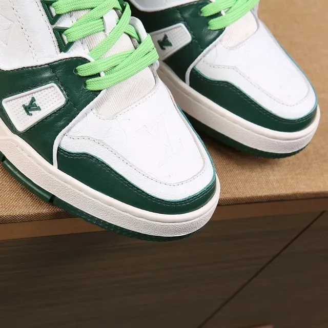 Louis Vuitton LV Trainer White Green Layered Leather Construction Monogram-Stamped Panels Lifestyle Sneakers 7