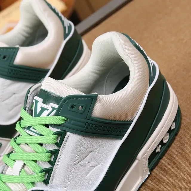 Louis Vuitton LV Trainer White Green Layered Leather Construction Monogram-Stamped Panels Lifestyle Sneakers 8
