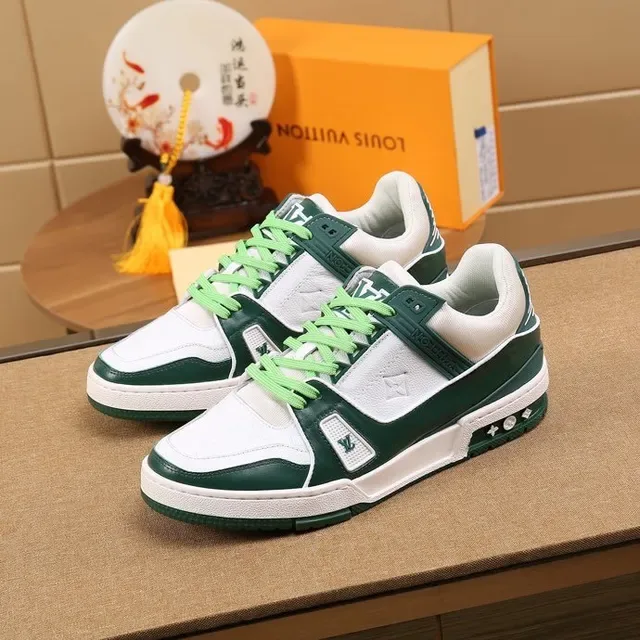 Louis Vuitton LV Trainer White Green Layered Leather Construction Monogram-Stamped Panels Lifestyle Sneakers 9