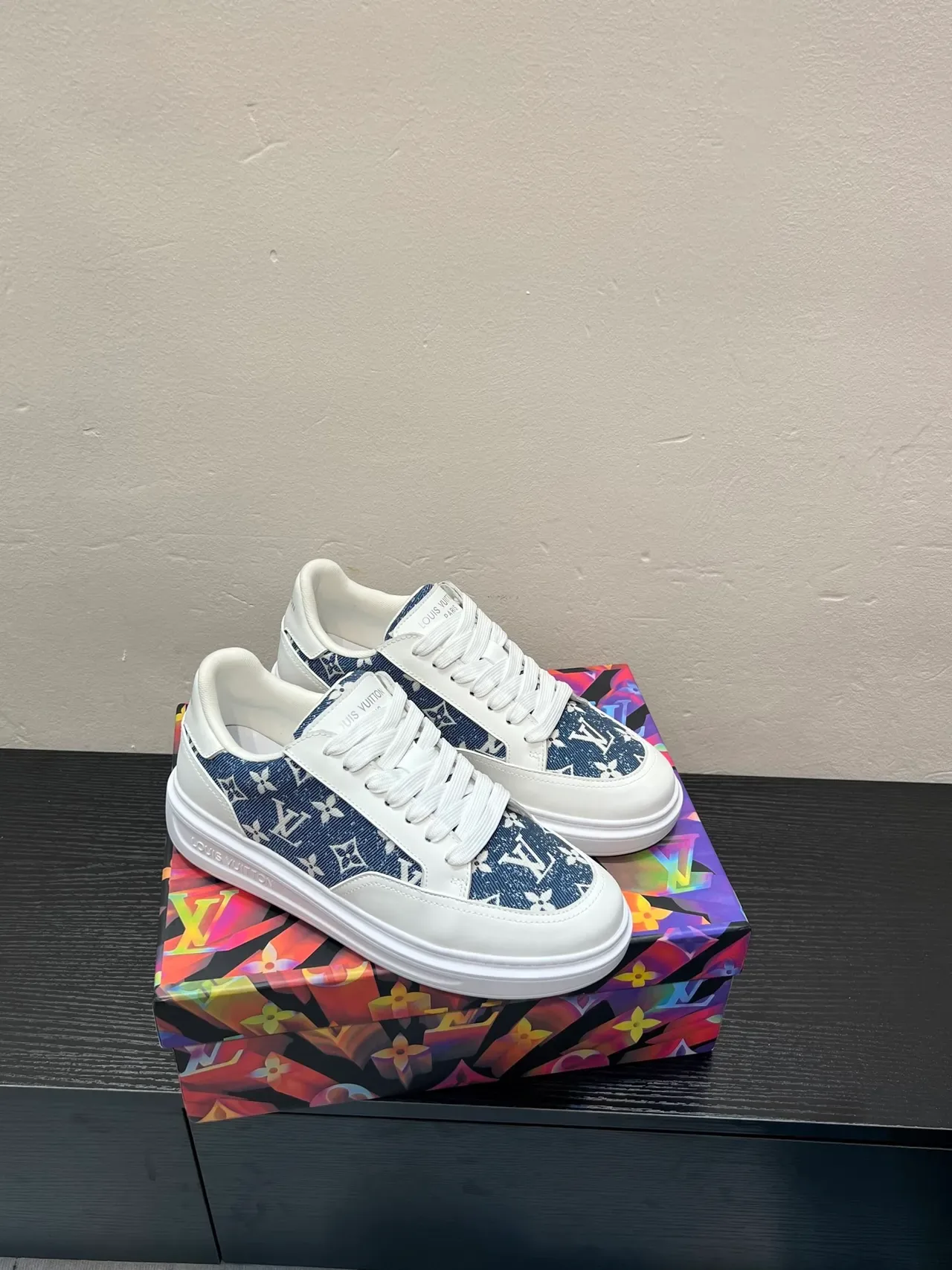 Louis Vuitton LV Trainer White Navy Monogram-Print Side Panels Leather Base Lifestyle Sneakers 4