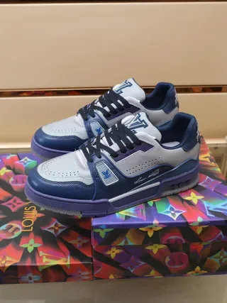 Louis Vuitton LV Trainer White Navy Monogrammed Perforated Leather Lifestyle Sneakers 4