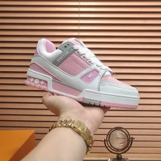 Louis Vuitton LV Trainer branco rosa sola multicamadas painel de malha perfurado sneakers lifestyle
